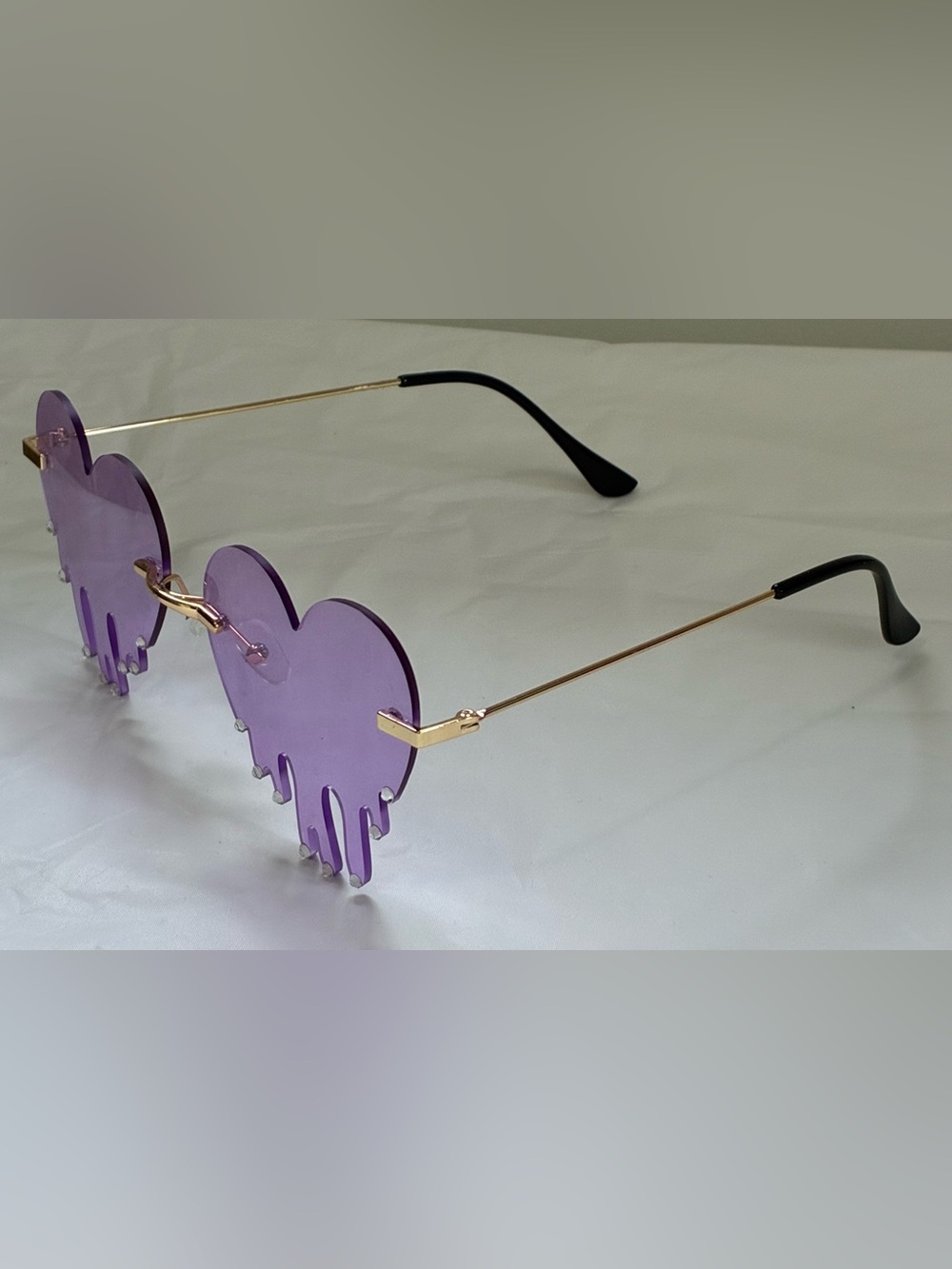 PURPLE DRIPPING HEART SUNGLASSES RIMLESS RHINESTONES - Picture 2 of 5